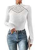 GORGLITTER Damen Bodysuit Elegant Bodies Stehkragen Öse Stickerei Bodys Langarm Body mit Spitzeneinsatz Weiß S