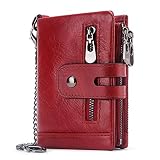 REETEE Geldbörse für Damen, RFID-Blockierung, Kleiner Reißverschluss, 16 Kartenfächer, aus Leder, Bifold Wallet mit Kette, Rot, Court paragraphe,