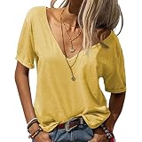Damen Plus Size Einfarbig Kurze Ärmel Bequeme V Ausschnitt Lose Basic Oberteile Frühling Sommer Casual T-Shirt für Frauen (Gelb,M)