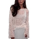 Glitzerndes Pailletten-Top, sexy, glitzernd, langärmelig, durchsichtig, für Sommer, Party, Club, weiß, M