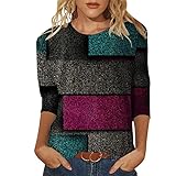 Damen T-Shirt 3/4 Arm Blusen Shirt mit Allover-Minimal Print Lose Stretch Casual Oberteil Basic Tops T