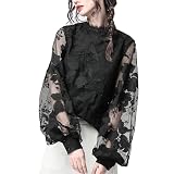 Disimlarl Damen-Bluse mit Blumenstickerei, Netzstoff, Stehkragen, lose Chiffon-Bluse, Schwarz , M