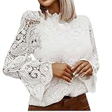 Masrin Damen Hemd Elegante, modische Patchwork-Tops mit ausgehöhlter Spitze Langärmlige Rollkragen Bluse mit Applikationen Weiße Partykleidung