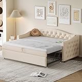 Dolamaní Schlafsofa 90/180x200 cm für Erwachsene 2 Personen, Ausziehbett gleiche höhe Bett Ausziehbar zum Doppelbett, Multifunktionsbett aus hautfreundlichem Samtstoff (Beige B)