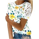 Sommer-Tops für Damen, Sommer-Tops, lässig, Rundhalsausschnitt, Spitzennähte, kurzärmelig, Bluse, Landschaft, Blumendruck, schmale Passform, Basic-T-Shirts UK, gelb, M