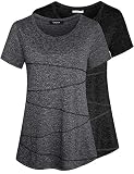 Sykooria Sportshirt Damen Kurzarm Fitness T-Shirt Atmungsaktiv Funktionsshirt Laufshirt Rundhals Leicht Tshirt Gym Oberteile Tops Regular Fit 2er Pack, Schwarz + Dunkelgrau XL
