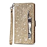Yobby Glitzer Brieftasche Hülle für Samsung Galaxy S7, Samsung Galaxy S7 Gold Handyhülle Bling Slim Reißverschluss Leder Schutzhülle Flipcase [Stand-Funktion] mit Kartenfach und H