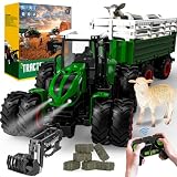 Ferngesteuerter Traktor Ferngesteuert mit anhänger, Traktor Spielzeug ab 3 Jahre, 2.4 GHz RC Trecker Spielzeug mit Fernbedienung, Kuh und Schaf, Geschenk ab 3 4 6 J