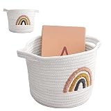 Wäschekorb Geflochten Kleiner Aufbewahrungskorb Geflochten: Aufbewahrungskorb Kinderzimmer Regenbogen Deko, Gewebter Spielzeugkorb D20 x H25 cm für Decken, Spielzeug, Kleidung, Buch (Weiß)