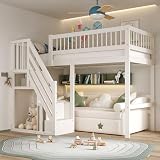 Etagenbett 90x200, Kinderbett Hochbett mit Treppe und Aufbewahrungsschrank, Funktionsbett Einzelbett Stockbett Spielbett Kinderhochbett Jugendhochbett mit Lattenrost, Massivholz, Ohne Matratze, Weiß