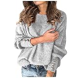 Strickpullover Damen Elegant, Pullover Damen Langarm-Pulli Damen Oversize Einfarbige Mode Lässige Loose Herbst Winter Oberteile Stricktop Rundhals Strickpulli für Frauen Teenager M