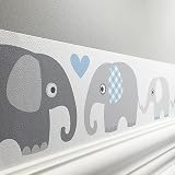 lovely label Bordüre selbstklebend ELEFANT GRAU BLAU - Wandbordüre Kinderzimmer Babyzimmer mit Elefanten - Wandtattoo Schlafzimmer Junge – Wanddeko Baby