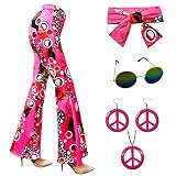 XonyiCos 60er 70er Jahre Frauen Kostüme Zubehör Hippie Hosen Bell Bottom ausgestellte Hosen Yoga Hosen für 70er Jahre Theme Party Halloween Cosplay (Rosa, M)