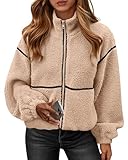 Generisch Fleecejacke für Damen, Sherpa, übergroße Winterjacke mit Reißverschluss, warmer Stehkragen, Oberbekleidung, lässiger Mantel mit Taschen (Beige,10XL)
