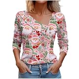 NSICBMNO Tops für Damen, UK-Motiv, lustig, V-Ausschnitt, lässig, Weihnachten, glänzender Druck, geknöpft, Mikroelastizität, täglich, locker, langärmelig, Tunika, T-Shirt, Baggy-T-Shirt,