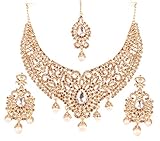 Touchstone NEU indisch Bollywood Charmanter, besetzter Diamant-Look, filigrane gelbe Strasssteine, künstliche Perlen, Behänge, Braut-Designer-Schmuck, Hasli-Halsketten-Set in Goldton für F