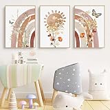 Herfair 3er Set Poster Kinderzimmer Deko Regenbogen Sonne Blume und Schmetterling Bilder, Kinderzimmer Deko Bilder Set Junge Mädchen Babyzimmer Kinderbilder (40x50cm)