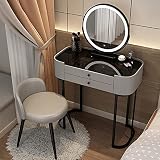 Make-up-Schreibtisch mit einstellbarer Helligkeit, Licht, gehärtetes Glas, Schublade, Aufbewahrung und gepolsterter Hocker für Schlafzimmer, 3 Farboptionen (61 x 40,6 x 78,7 cm)