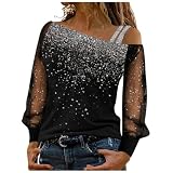 T-Shirt Damen Schulterfrei Oberteile Sexy Glitzer Langarmshirt Casual Mode Langarm Shirt Bluse Tops Tunika Elegant Einfarbig Pullover Winter Spitze Streetwear Laufshirt (L)