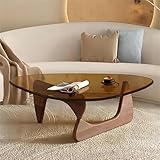 Moderner dreieckiger Couchtisch aus der Mitte des Jahrhunderts aus Glas mit Eichensockel für Wohnzimmer (braunes Glas, 114,3 x 81,3 x 40,6 cm)