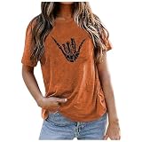 Generisch Netzärmel Lässiges T-Shirt mit Handabdruck-Grafik, Rundhalsausschnitt, kurzärmelig Shirt Set (Orange, M)