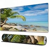 FEHWI Mauspad 75×40 cm Verlängertes großes Mauspad Schreibtischauflage,Romantischer Strand Ruhige Szene Palmen Karibische ln Fotos,genähte Kanten Gaming Mauspad,rutschfeste Gummib