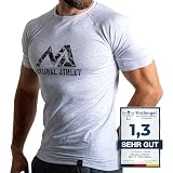Herren Fitness T-Shirt meliert - Männer Kurzarm Shirt für Gym & Training - Passform Slim-Fit, lang mit Rundhals, Hellgrau, L