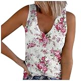 Tank Top Locker Damen-Tanktop mit V-Ausschnitt, Sommer, ärmellos, gerippt, mit Knöpfen, lässig, Urlaubshemden, Blumendruck, Bluse, T-Shirt Zipfel (Hot Pink, M)