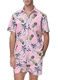 donhobo Zweiteiler Herren Hawaiihemd Sommer Freizeitanzug 2-teilig Kurzarm Button-Up Revers Hemd und Shorts Beach Shirt Kurze Hose Set (Rosa, 3XL)