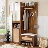 HIYYIH Garderoben Set, 110 x 38 x 190 cm, Flurgarderobe Set mit Schuhbank, Spiegel und Kissen, Kleiderschrank-Set mit 6 goldenen Kleiderhaken, Wandgarderobe mit Ablage (Nussbaum, 110 x 38 x 190 cm)
