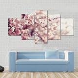 FatAco 5 Teile Frühling Kirschblüten, Rosa Blumen Natur Die Bilder sind auf Echtholzrahmen montiert. Kunstvoll gedruckte Wandb