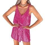 Damen-Partykleid, Paillettenkleid für Damen, glitzerndes 70er-Jahre-Kleid, V-Ausschnitt, ärmellos, lockere Passform, Partykleider, rose, S