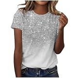 Glitzer Oberteile Damen Party Elegant Tshirt Sommer Lässig Tunika Tops Rundhals Mode Kurzarm Shirt Vintage Pailletten Sommershirts Casual Sport Laufshirt Vintage Leicht Bluse Long