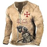 WINJAPAN Herren Tempelritter 3D Bedruckte T-Shirts Vintage Langarm Distressed Henley Shirt Retro Outdoor Sports Tactical T-Shirt Top