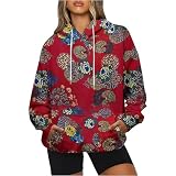 ANHATUIV Damen-Kapuzenpullover, Sweatshirt, Übergröße, langärmelig, gestreift, Farbblock, Sweatshirt, Bluse, Tunika, Tops, Damen, lockere Passform, Herbst, trendige Kleidung, Rot 25, 3XL