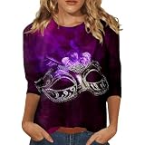 Damen Karneval Kostüm Funkelndes Pailletten Top 3/4 Ärmel Bluse Mehrfarbiges T-Shirt Rundhals Top Locker Blusen Gedruckt Sportshirt Modischen T-Shirts Fasching Outfit Stilvolle Ob
