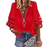 Damen-Bluse mit V-Ausschnitt Netzeinsatz 3/4-Glockenärmel lockeres Oberteil T-Shirts in Übergröße lässige T-Shirts mit Glockenärmeln V-Ausschnitt und Reißverschluss Tunika Bluse Netzeinsatz Ob
