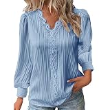 CreoQIJI Batik Shirt Damen-Oberteile, Spitze, Patchwork, V-Ausschnitt, T-Shirts, Lange Ärmel, Bluse, lockere Freizeit-T-Shirts T Shirt Schwarz (Sky Blue, M)