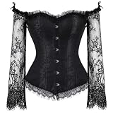 SZIVYSHI Frauen Halloween Weihnachten Overbust Lace up Rücken Korsett mit Schulter Ärmel, Schwarz -S(Taillenumfang:62cm)