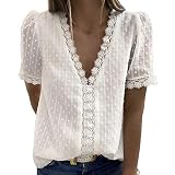 Masrin Damen Tops Mode Spitze Jacquard T-Shirt Tiefer V-Ausschnitt Blumenstickerei Patchwork Pullover Einfarbige Tunika Bluse (XL,Weiß)