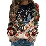 SCBFDI Lustige Weihnachtspullover Damen Weihnachtsshirt Damen V Ausschnitt Longshirt Damen Lässig für Leggings Oberteil Damen Bluse Oversize Damen Ausgefallene Tshirts Damen Weihnachtskostüm Blau 2XL