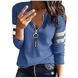 HOOUDO Tshirt Damen Rundhals Langarm Hemden Ausschnitt sitzende Oberteile Langer Reißverschluss Bluse Mit Reißverschluss Vorne (Blue, XL)
