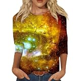 RMBLYfeiye Sportshirt Damen Bluse Rock Damen Bluse Weiß Damen Galaxie Drucken Bluse Dreiviertelarm Shirt Rundhalsausschnitt Sommer T-Shirt Laufshirt Damen (Yellow, M)