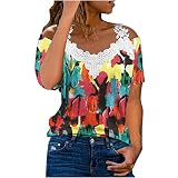 MKIUHNJ Damen-T-Shirt mit V-Ausschnitt Spitzenärmeln, schulterfrei, sexy Spitzenoberteil Weit Geschnittene Tunika T-Shirt Damen V Ausschnitt Mit Spitze T-Shirt Damen Mit Adruck (Camouflage, XXXXL)
