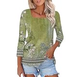 Trendiges Damen-T-Shirt mit 3/4-Ärmeln, Sommer, Herbst, quadratischer Ausschnitt, Grafikblusen, lässig, zum Ausgehen, Tunika-T-Shirts, Z01ab-Gelb, S
