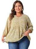 Agnes Orinda Damen Plus Size Tops V Ausschnitt Floral Flowy 3/4 Laternenärmel Babydoll Blusen 2024 Shirts, gelb, 1X