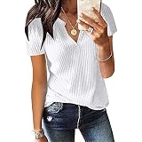 Kurzarm Bluse Damen Elegant V-Ausschnitte Oberteile Leichtes Lose Sommershirts Einfarbig Damenblusen Waffel Strick Hemdbluse Top T-Shirt Tunik