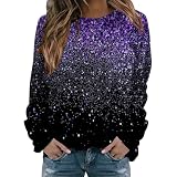 Sweatpullover D𝐚men Modisches Damen-Sweatshirt mit Rundhalsausschnitt, lässigem, feinem Glitzerdruck und Langen Ärmeln D𝐚men Sweater Ohne Kapuze (Purple, S)
