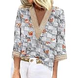 Uwdiohq Damen-Shirts, Trendige -Shirts Mit 3/4-Ärmeln, Spitze, V-Ausschnitt, Elegante Oberteile, Urlaubsblusen Blumenmuster Grünes Glitzer Top (Silber, L) Durchsichtiges Oberteil Damen S