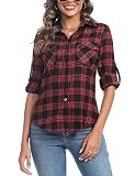 Irevial Damen Kariertes Hemd mit Knopfleiste V-Ausschnitt Langarm Oktoberfest Bluse Karo Tunika Baumwolle Tops Casual Oberteile Rot XXL